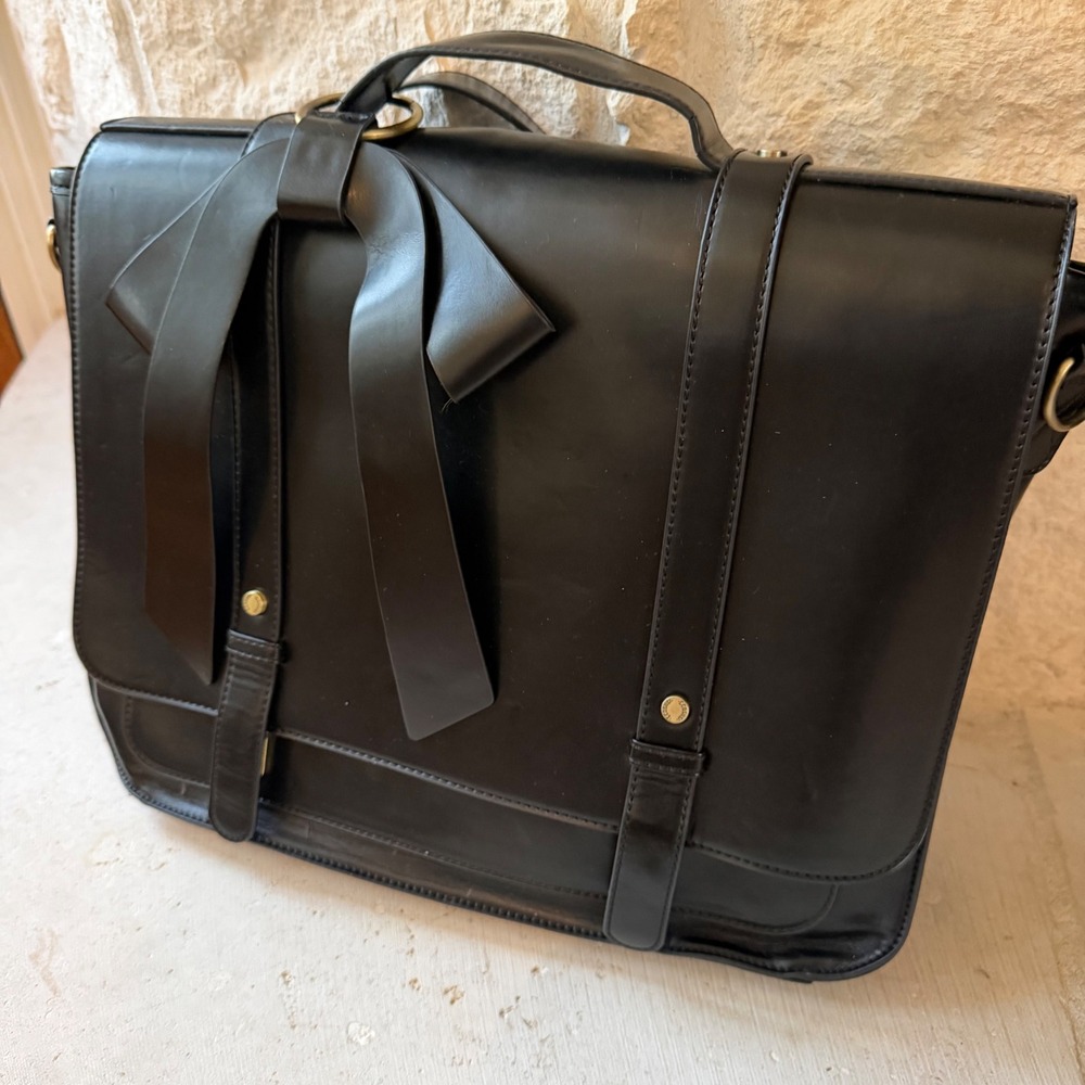 Ecosusi Black Vegan Leather Bow Messenger Bag Backpack Laptop Briefcase Bag